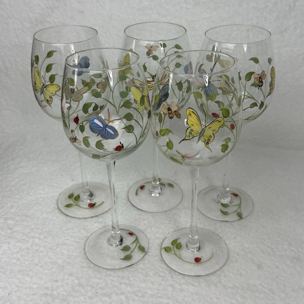 Lenox Butterfly Meadow Hand Painted Wine Glasses Water Goblets Set Of 5